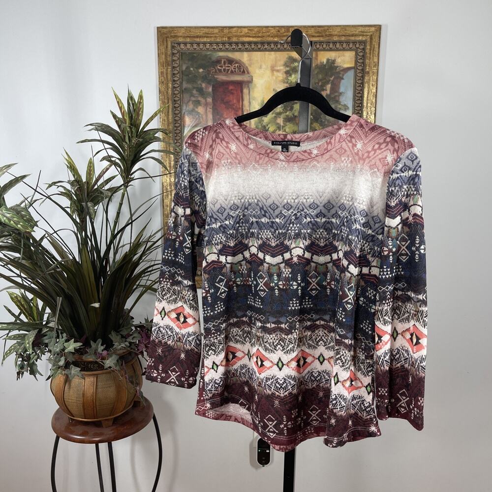 Signature Studio Women XL Southwestern Aztec Print Long Sleeve Tunic Top Boho